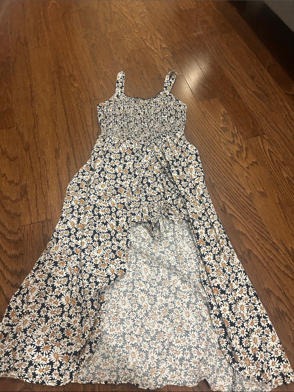 Long Daisy Print Shorts Romper With Train In Back Of Dress. ArtClass Brand.